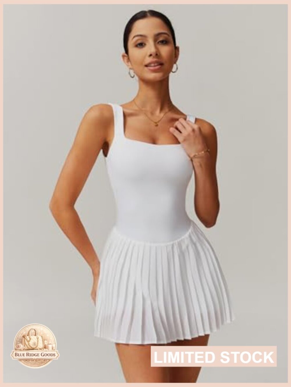 Square Neck Tennis Dress with Built-In Shorts and Pockets Pleated Backless - Picture 3 of 7